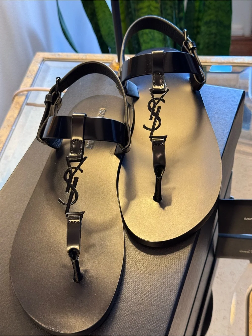 AUTHENTIC Saint Laurent Cassandre Leather Sandals In Black - Size 42